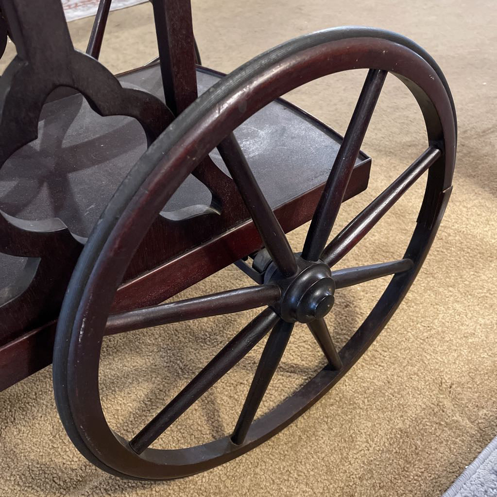 Dark Wood Tea Cart w/ Large Spindle Wheels & Glass Tray