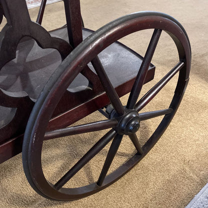 Dark Wood Tea Cart w/ Large Spindle Wheels & Glass Tray