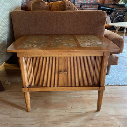 Tri Tile Oak Side Table w/ Sliding Doors C SIDE TABLES