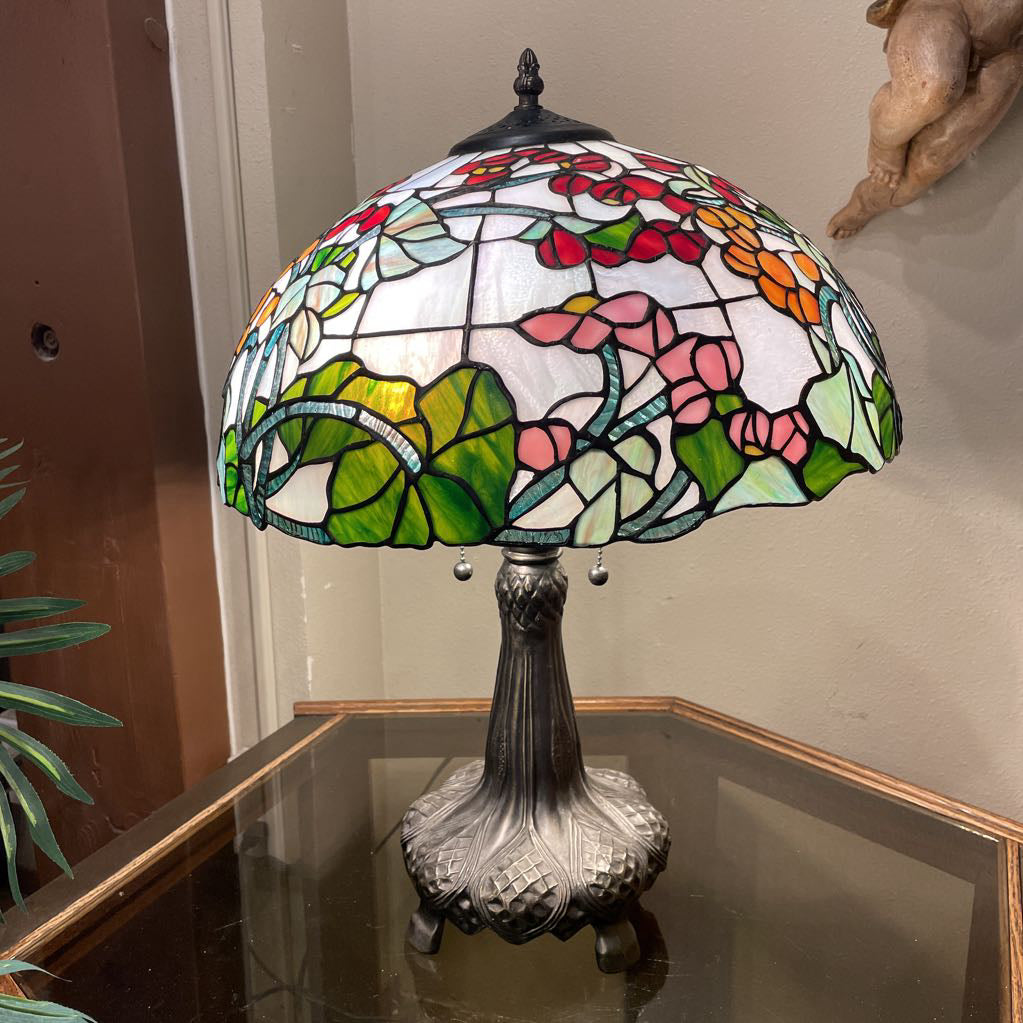 Pink and Red Floral Stained Glass Table Lamp