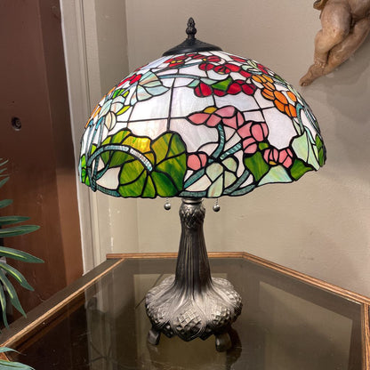 Pink and Red Floral Stained Glass Table Lamp