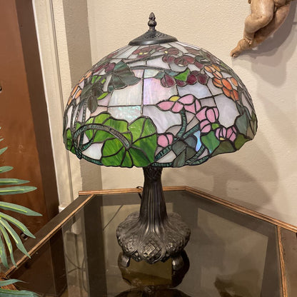 Pink and Red Floral Stained Glass Table Lamp