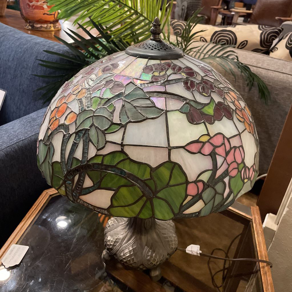 Pink and Red Floral Stained Glass Table Lamp