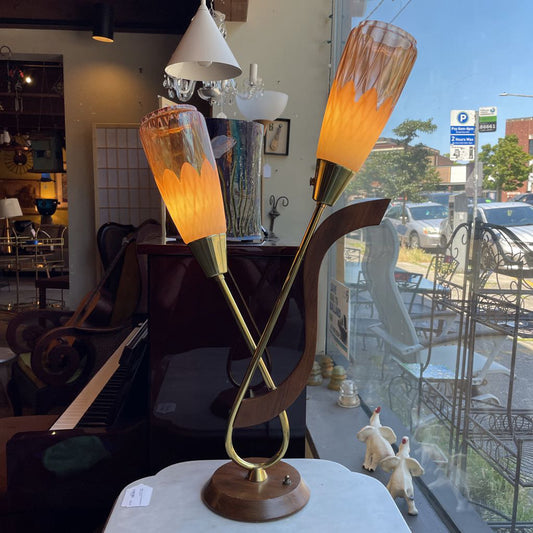 1940's Wood and Brass Double Stem Table Lamp LAMPS