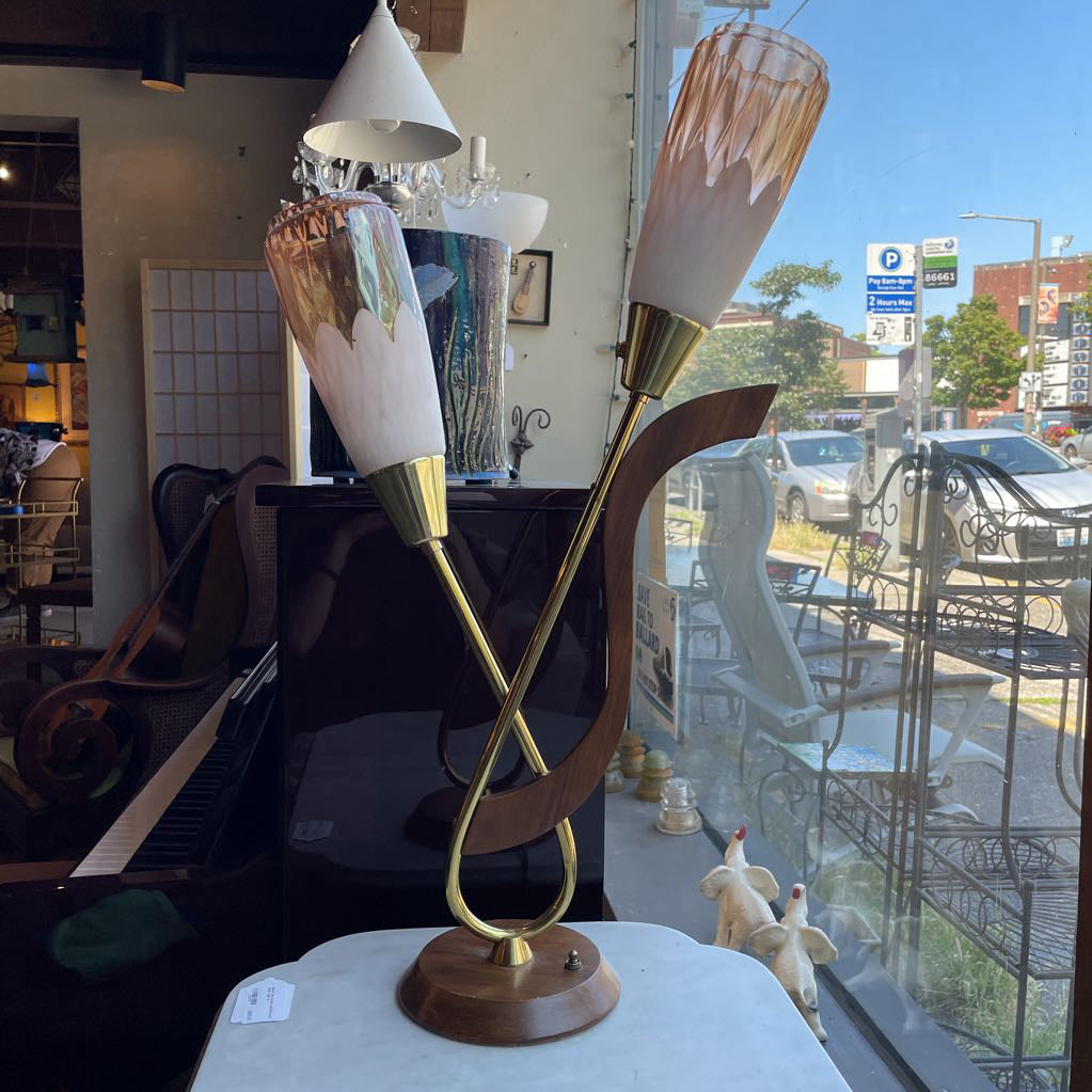 1940's Wood and Brass Double Stem Table Lamp