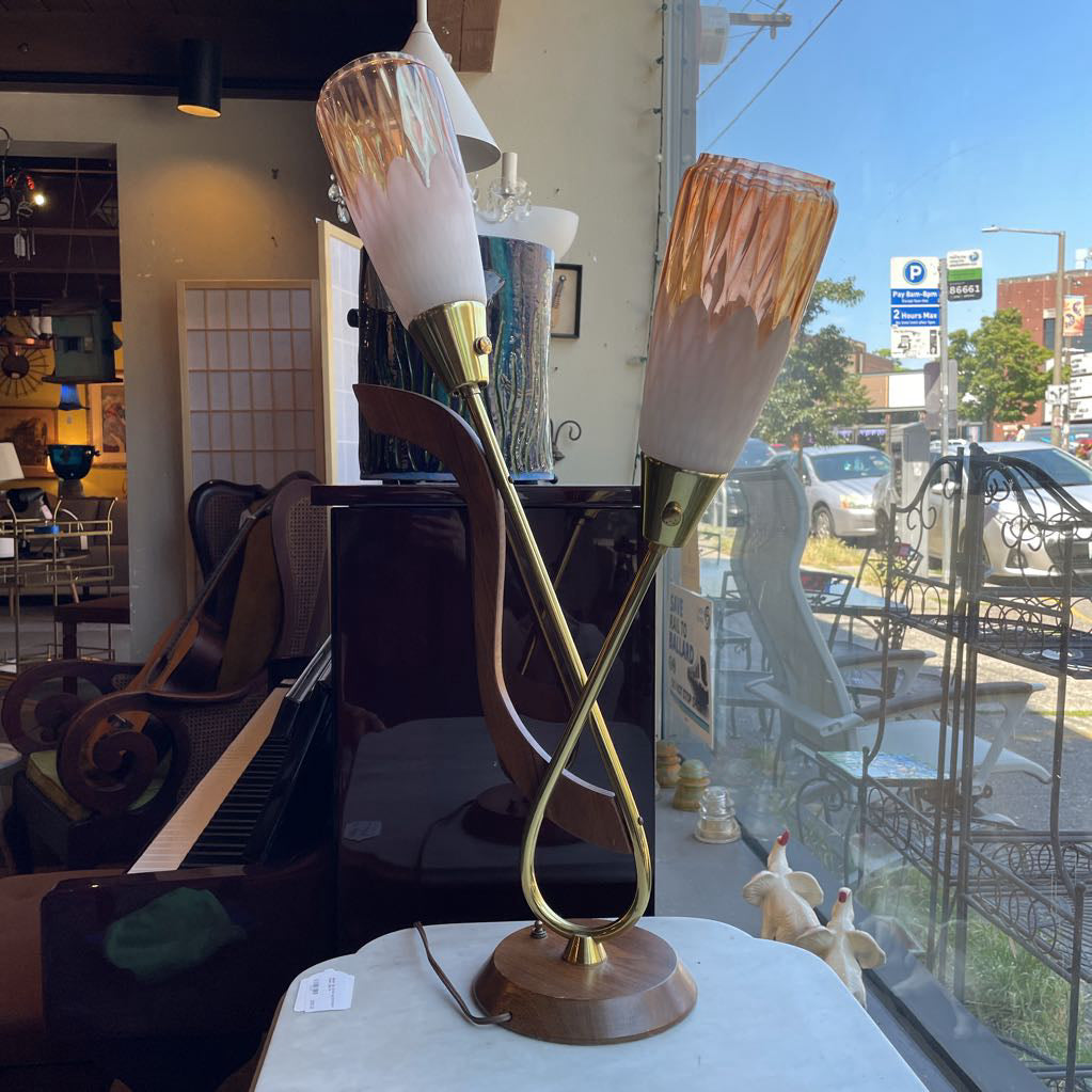 1940's Wood and Brass Double Stem Table Lamp