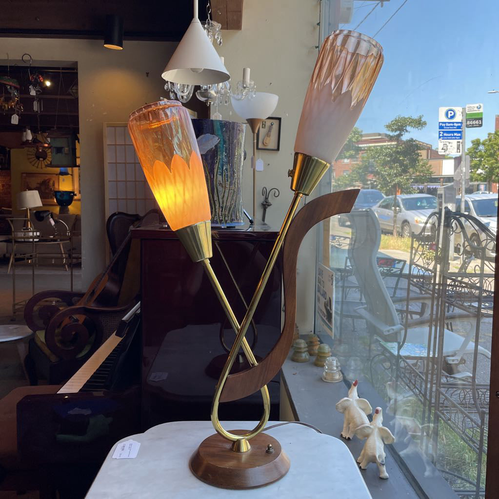 1940's Wood and Brass Double Stem Table Lamp