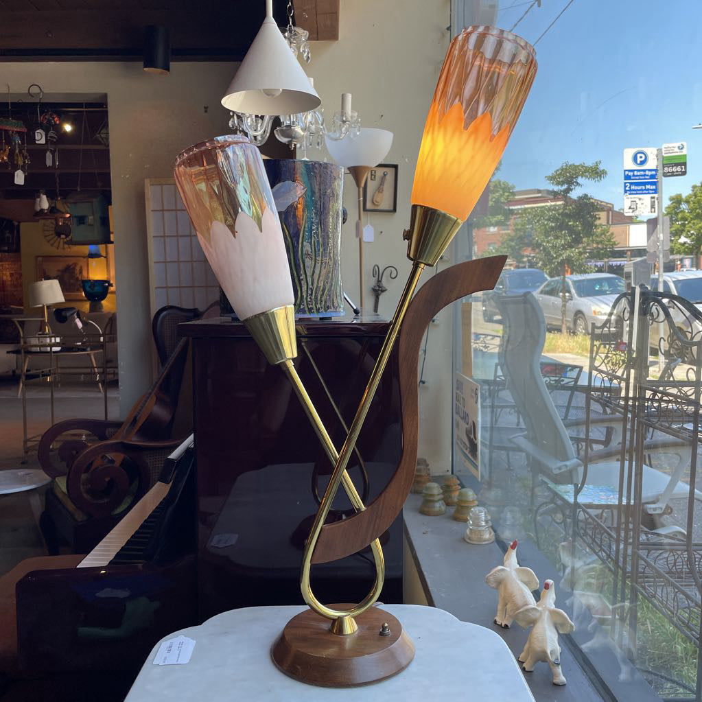1940's Wood and Brass Double Stem Table Lamp