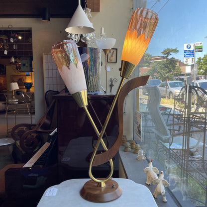 1940's Wood and Brass Double Stem Table Lamp