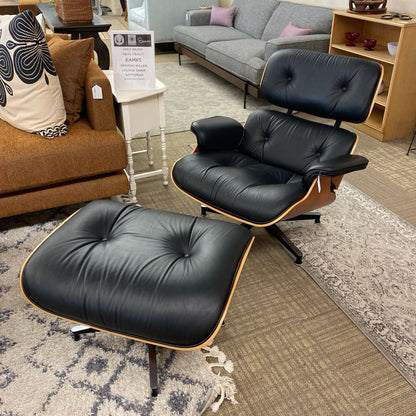 HERMAN MILLER EAMES Black Leather Palisander Lounge Chair & Ottoman U ACCENT CHAIRS