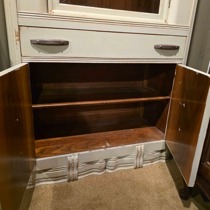 Beige Glass Door Hutch w/ Pull Drawer & Bottom Storage