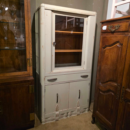 Beige Glass Door Hutch w/ Pull Drawer & Bottom Storage