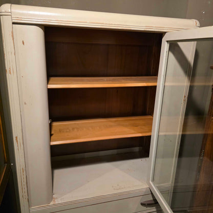 Beige Glass Door Hutch w/ Pull Drawer & Bottom Storage