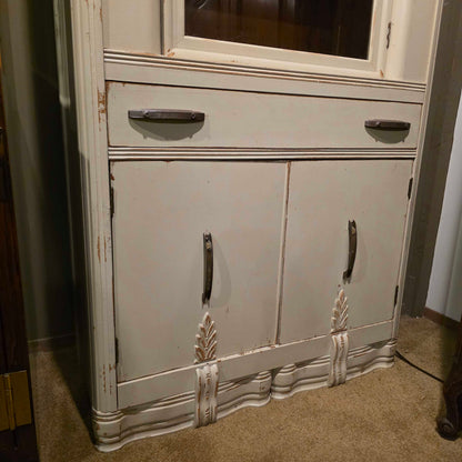 Beige Glass Door Hutch w/ Pull Drawer & Bottom Storage