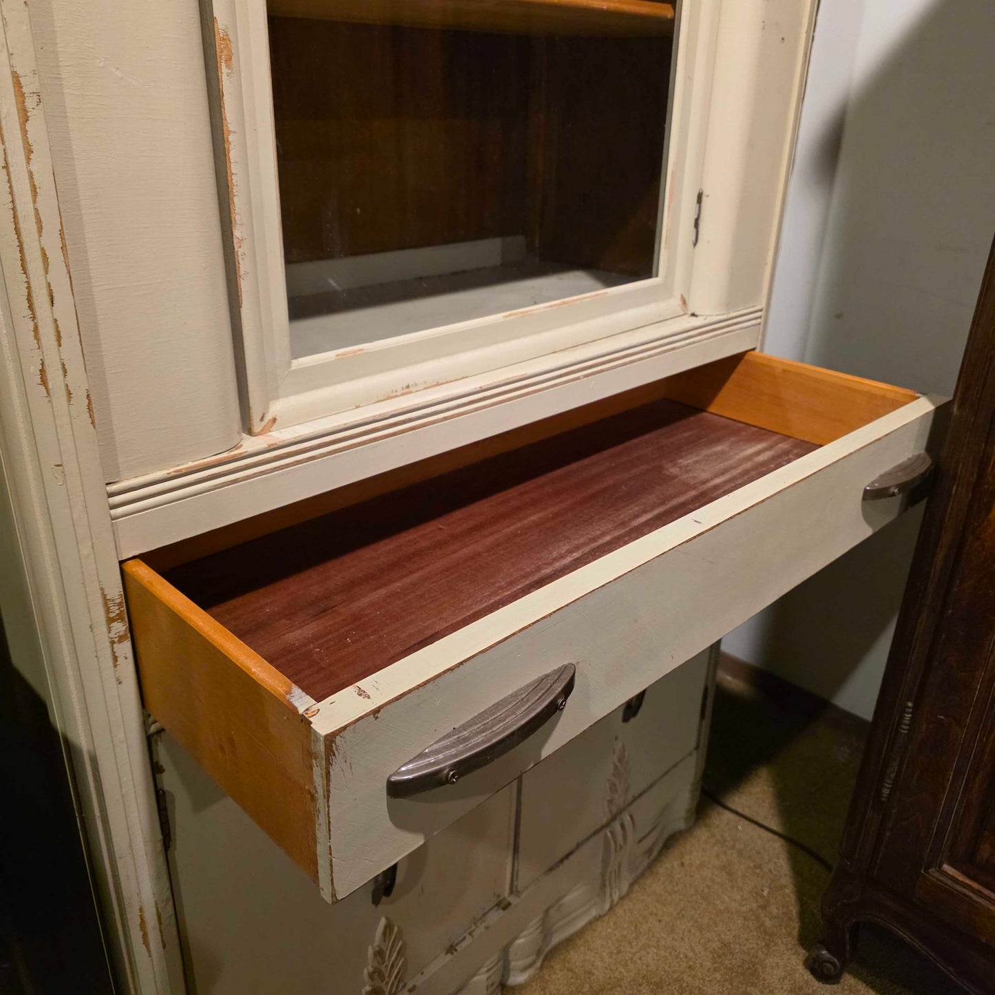 Beige Glass Door Hutch w/ Pull Drawer & Bottom Storage