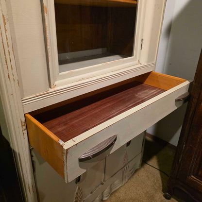 Beige Glass Door Hutch w/ Pull Drawer & Bottom Storage