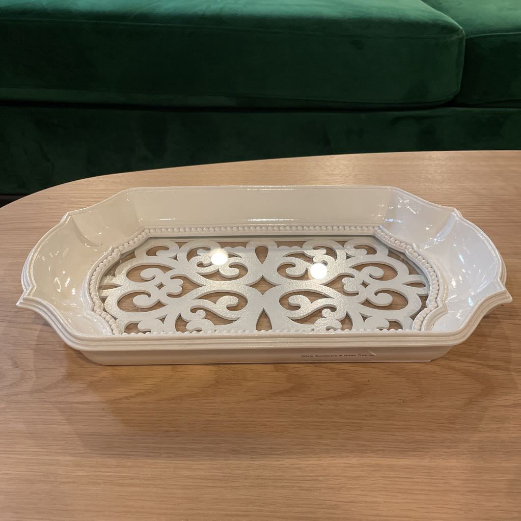 White Scrollwork & Glass Tray SMALLS