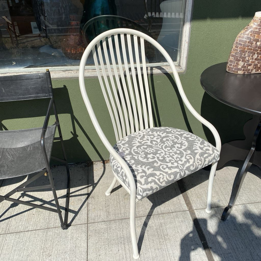 White Wrought Iron Slate Back w/Grey Floral Design Seat Accent Chair