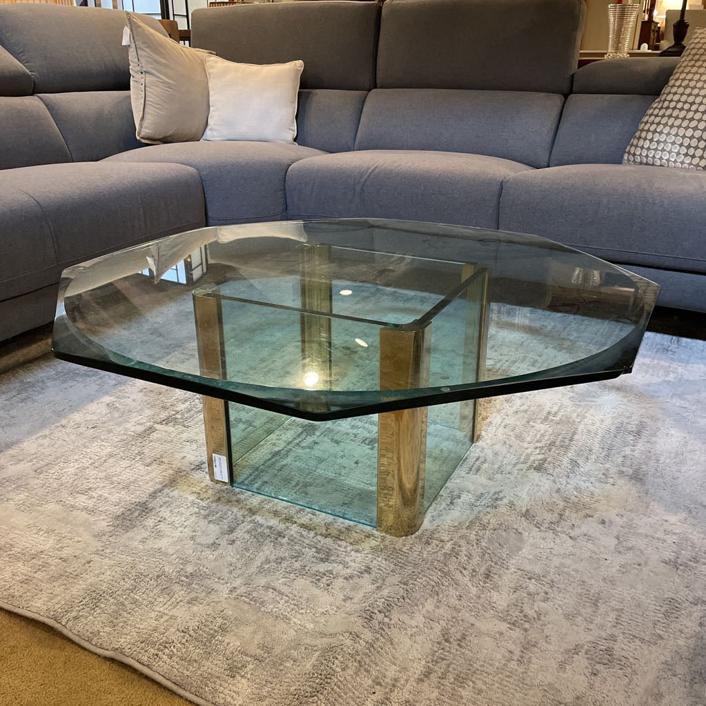 Glass Top Coffee Table w/ Glass Base and Brass Accents C COFFEE TABLES
