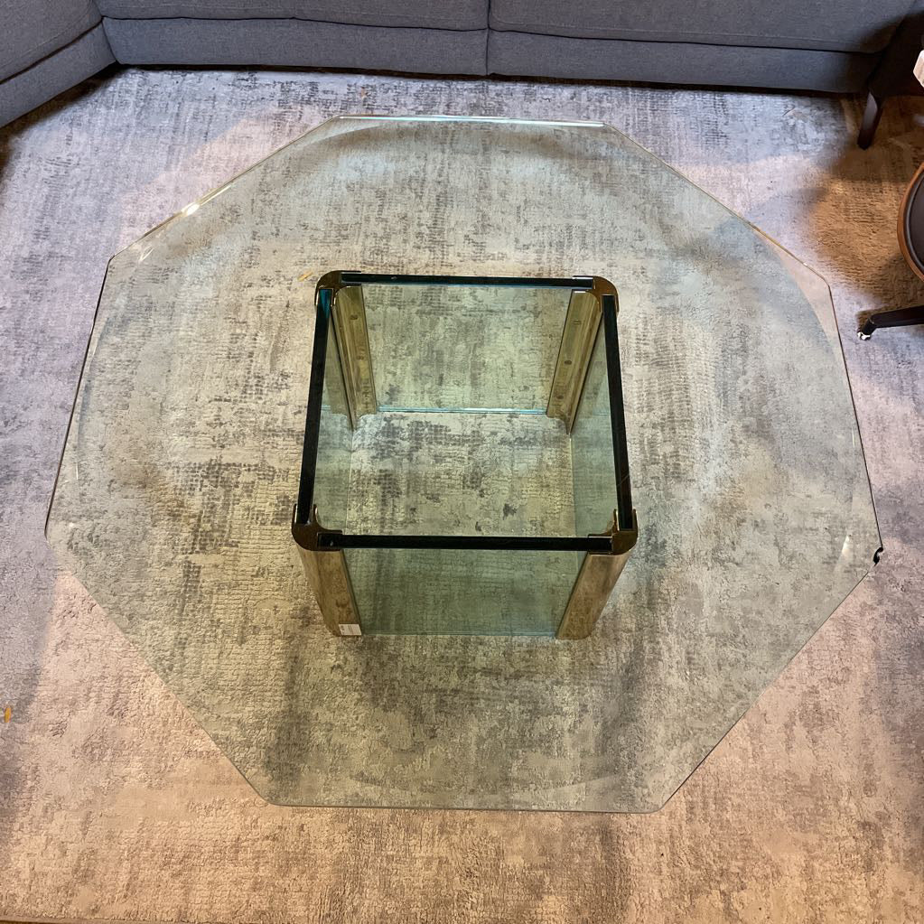 Glass Top Coffee Table w/ Glass Base and Brass Accents C COFFEE TABLES