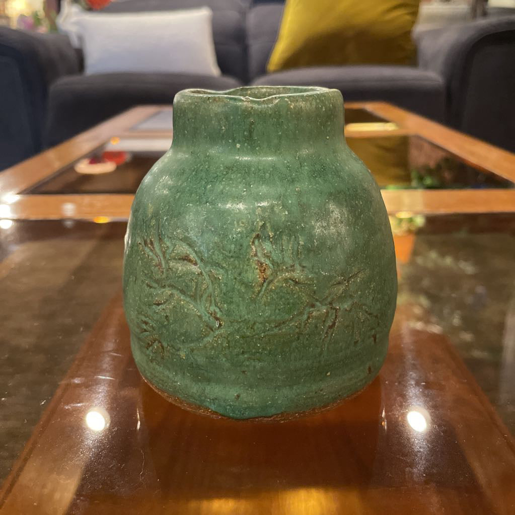 Small Green Pottery Vase with Shallow Engraved Design