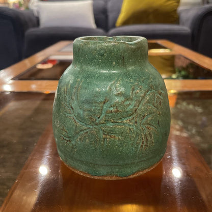 Small Green Pottery Vase with Shallow Engraved Design