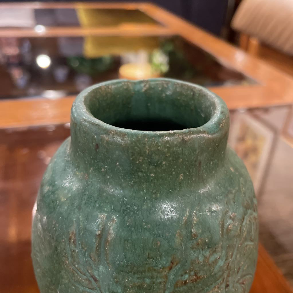 Small Green Pottery Vase with Shallow Engraved Design