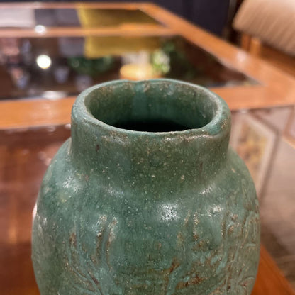 Small Green Pottery Vase with Shallow Engraved Design
