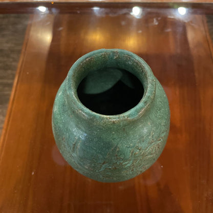 Small Green Pottery Vase with Shallow Engraved Design