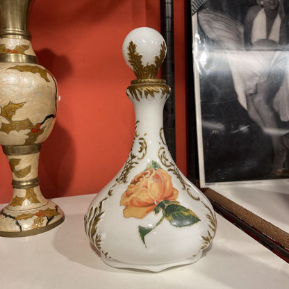 Vintage White Glass Decanter with Handpainted Floral Motif