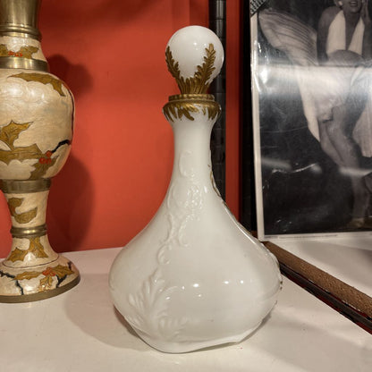 Vintage White Glass Decanter with Handpainted Floral Motif