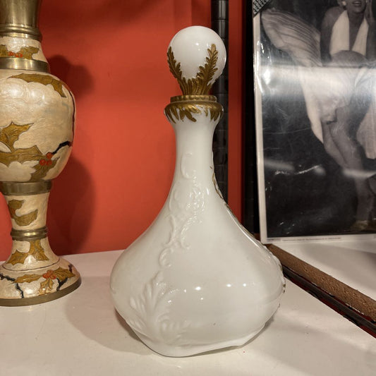 Vintage White Glass Decanter with Handpainted Floral Motif UNIQUE FINDS