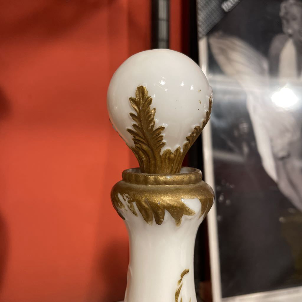 Vintage White Glass Decanter with Handpainted Floral Motif