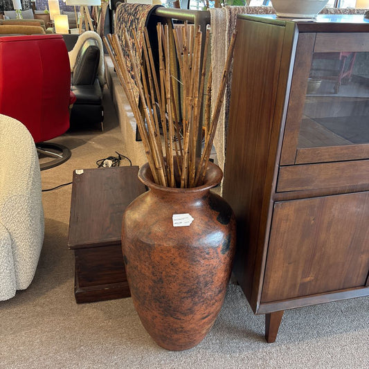 Mexican Pottery Tall Brown Floor Vase with Bamboo SMALLS
