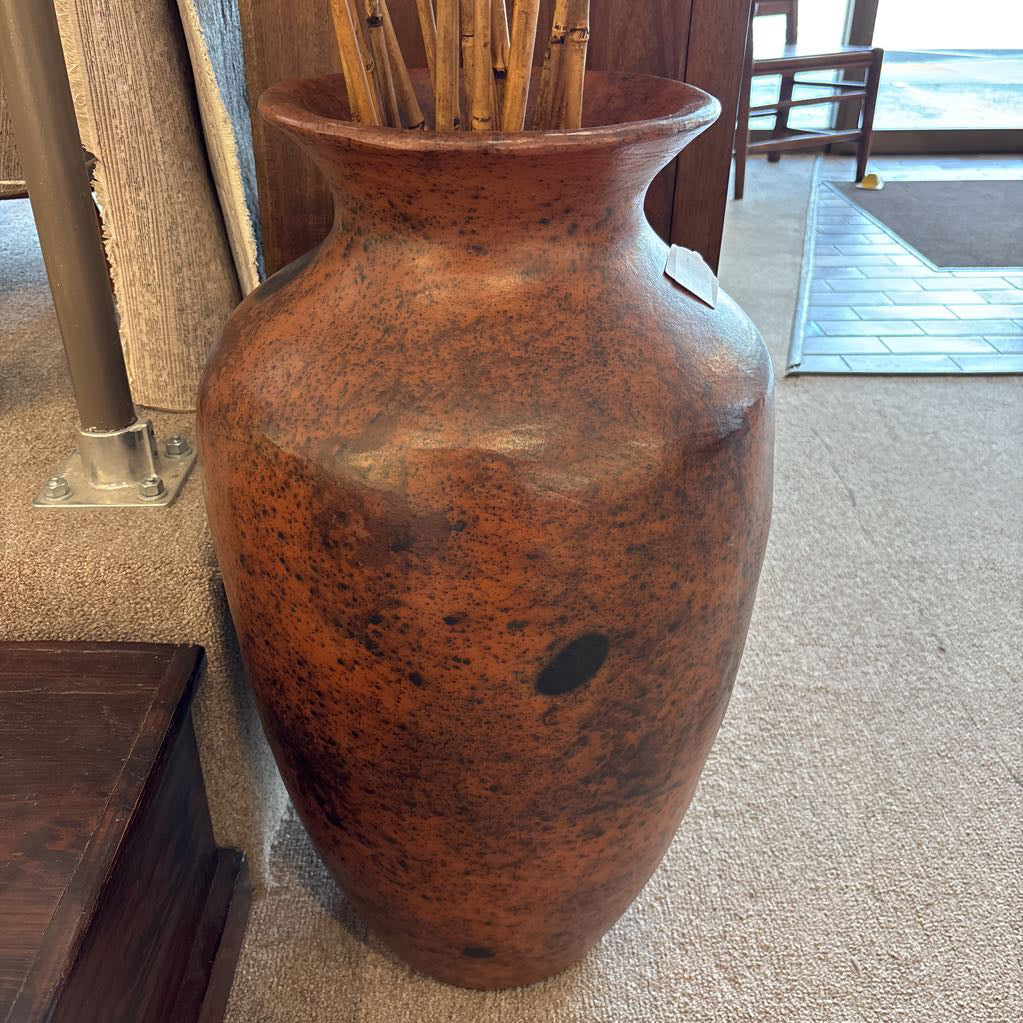 Mexican Pottery Tall Brown Floor Vase with Bamboo SMALLS