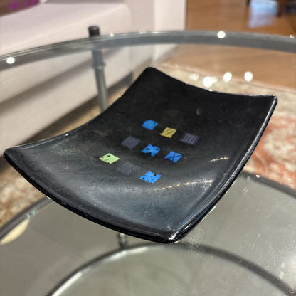Black Rectangular Curved Dish with Multicolored Squares