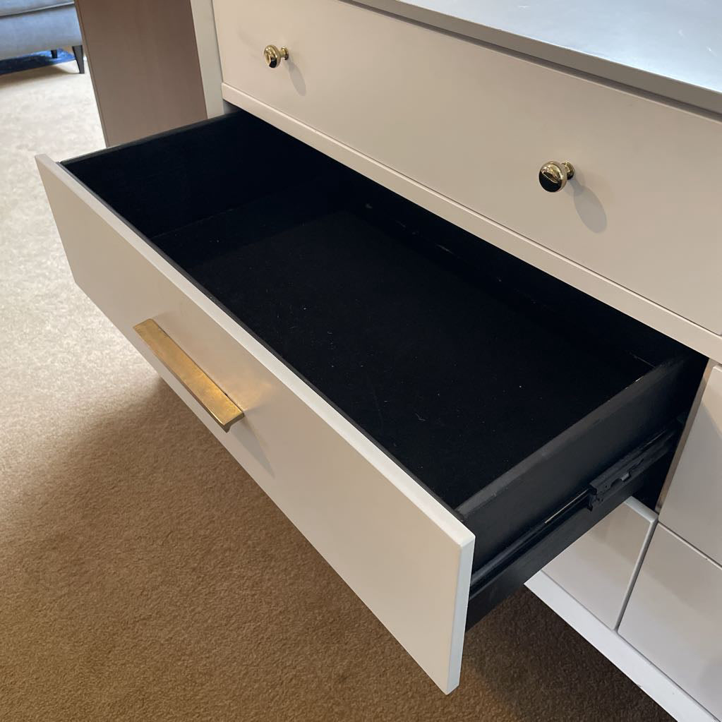 White 6 Drawer Lowboy w/ Brass Finish Handles