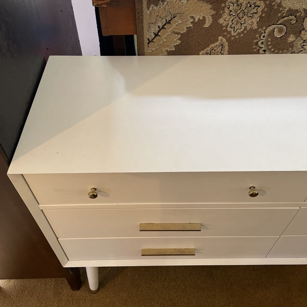 White 6 Drawer Lowboy w/ Brass Finish Handles