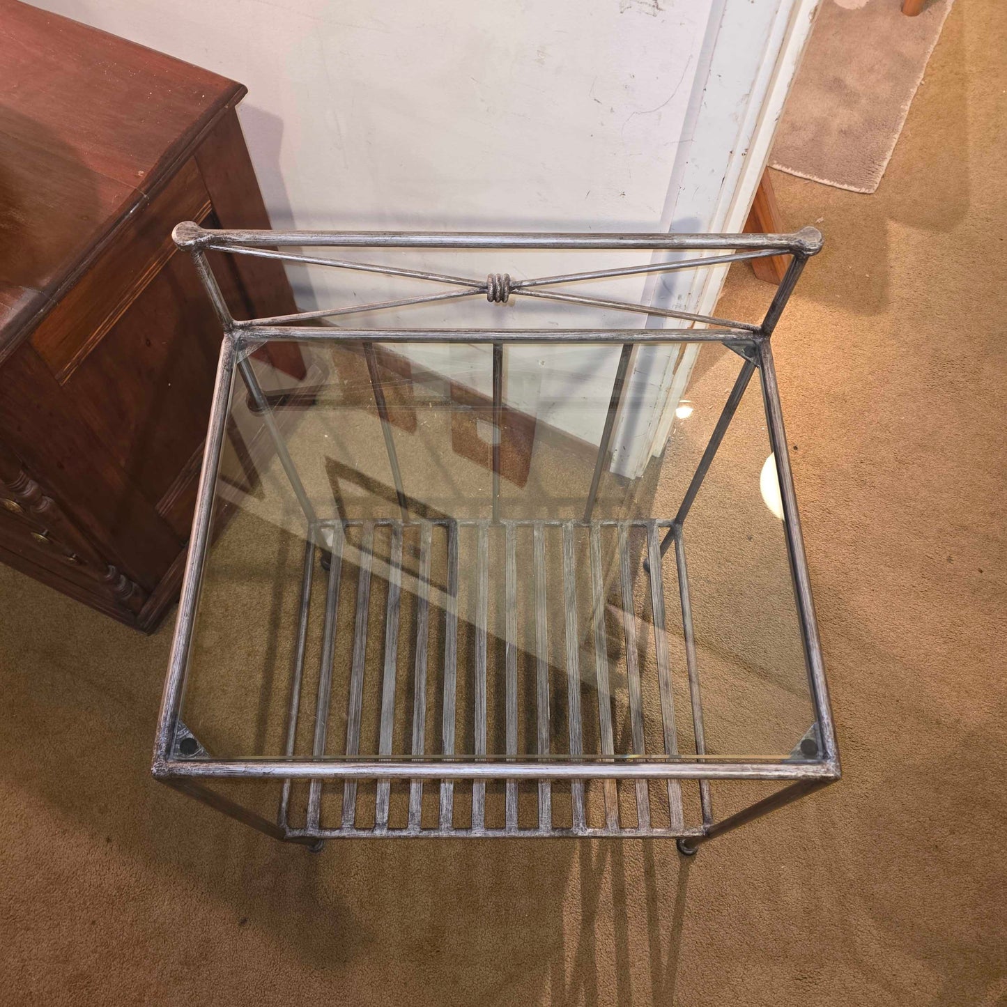 Metal Frame Glass Top Slatted End Table