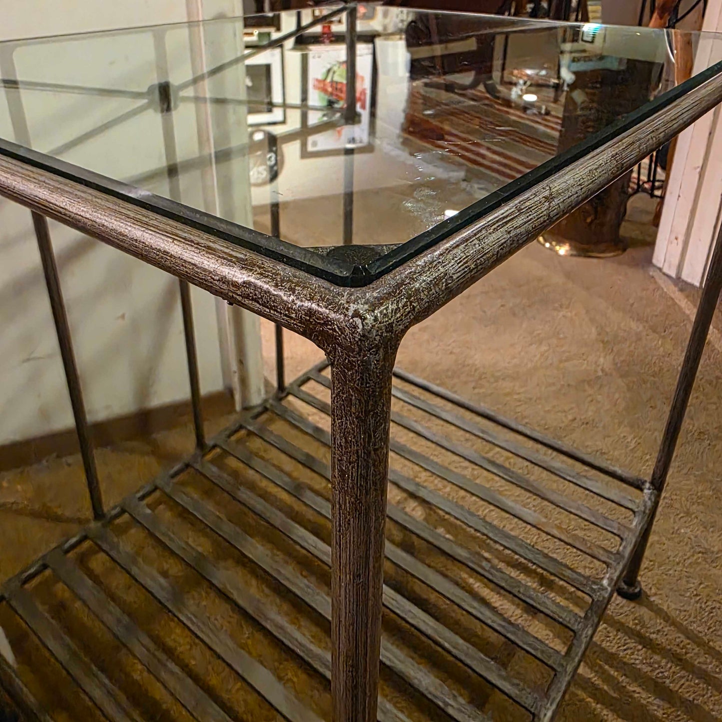 Metal Frame Glass Top Slatted End Table