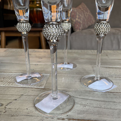 Champagne Flutes w/ Rhinestones on Stem SET of 4