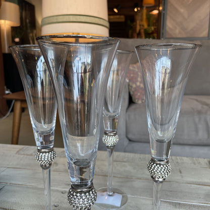 Champagne Flutes w/ Rhinestones on Stem SET of 4
