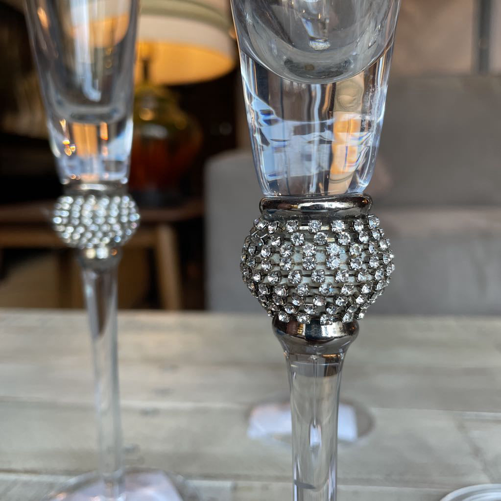 Champagne Flutes w/ Rhinestones on Stem SET of 4