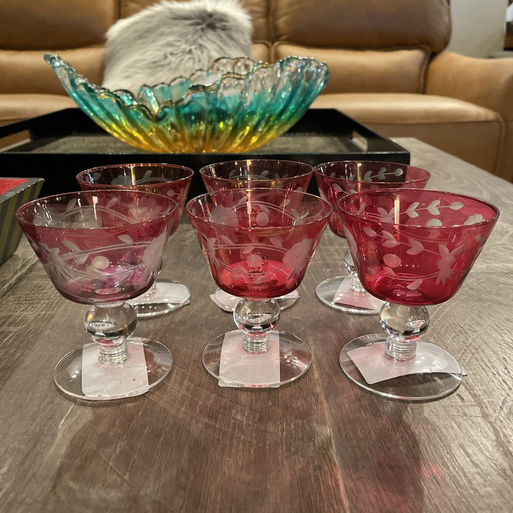Cranberry Floral Etched Cocktail Glasses SET of 6 AS IS SMALLS