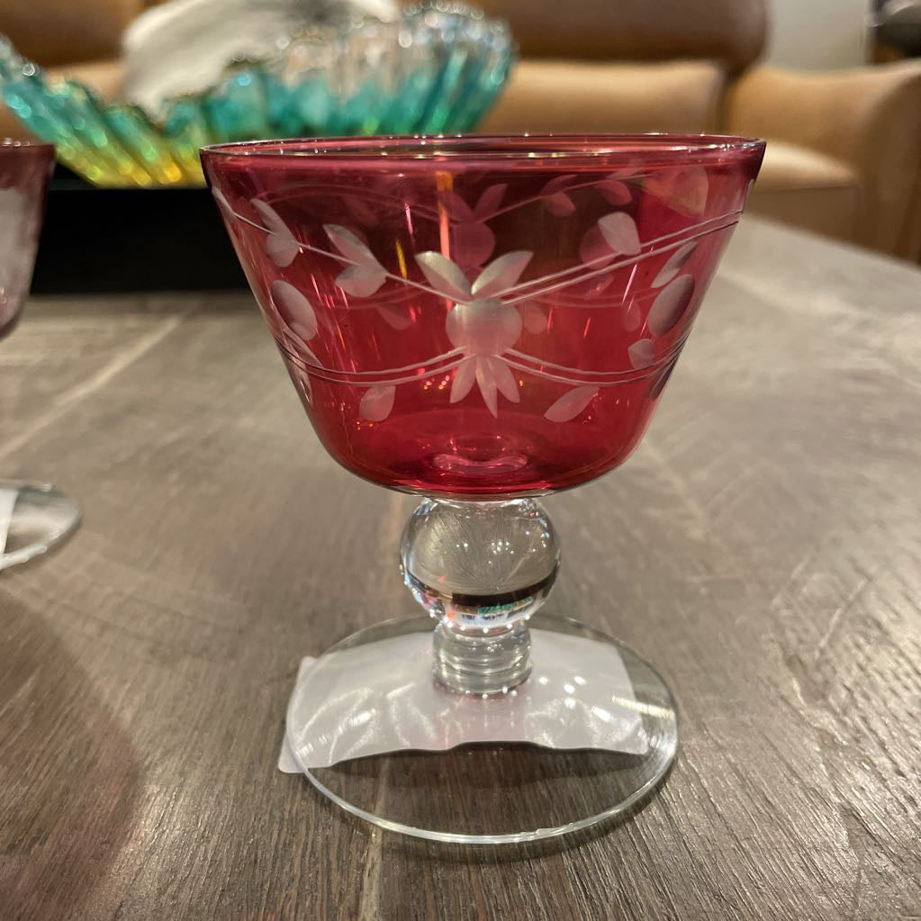 Cranberry Floral Etched Cocktail Glasses SET of 6 AS IS SMALLS