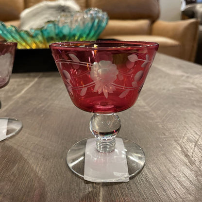 Cranberry Floral Etched Cocktail Glasses SET of 6 AS IS SMALLS