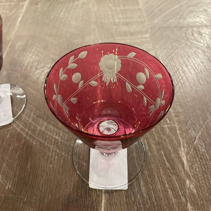 Cranberry Floral Etched Cocktail Glasses SET of 6 AS IS SMALLS