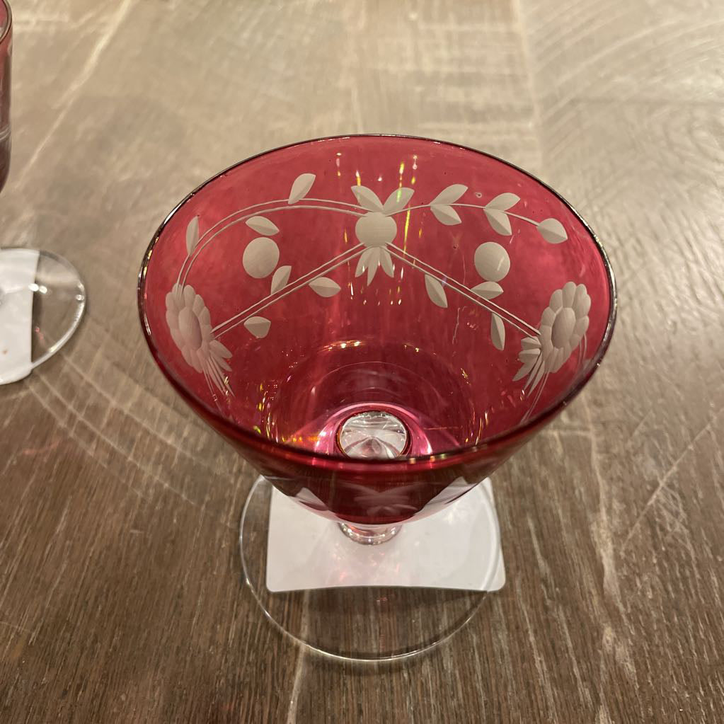 Cranberry Floral Etched Cocktail Glasses SET of 6 AS IS SMALLS