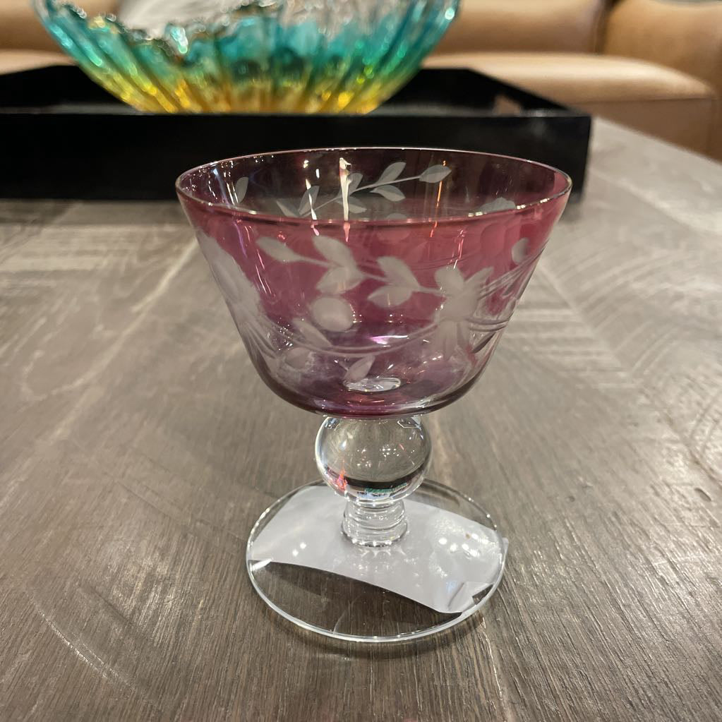 Cranberry Floral Etched Cocktail Glasses SET of 6 AS IS SMALLS