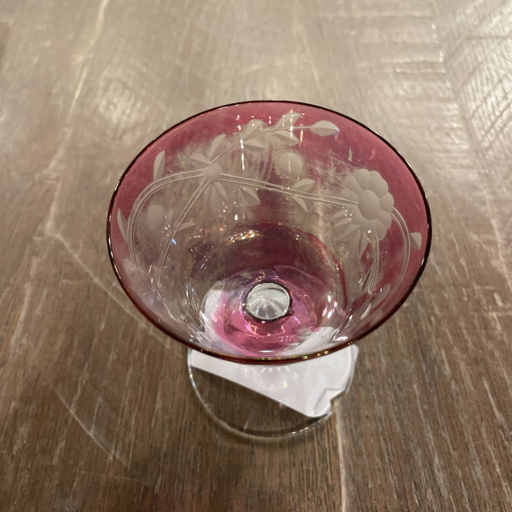 Cranberry Floral Etched Cocktail Glasses SET of 6 AS IS SMALLS